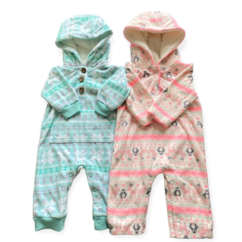 CARTER'S Baby Girl 3 Months Fleece Hooded Jumpsuit Bodysuit Lot of 2 Winter Warm